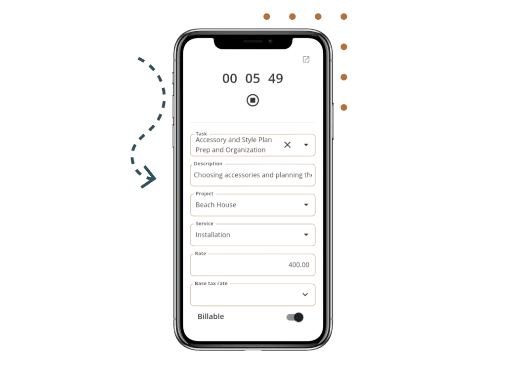Mockup of time tracking using the Mydoma mobile app on mobile phone